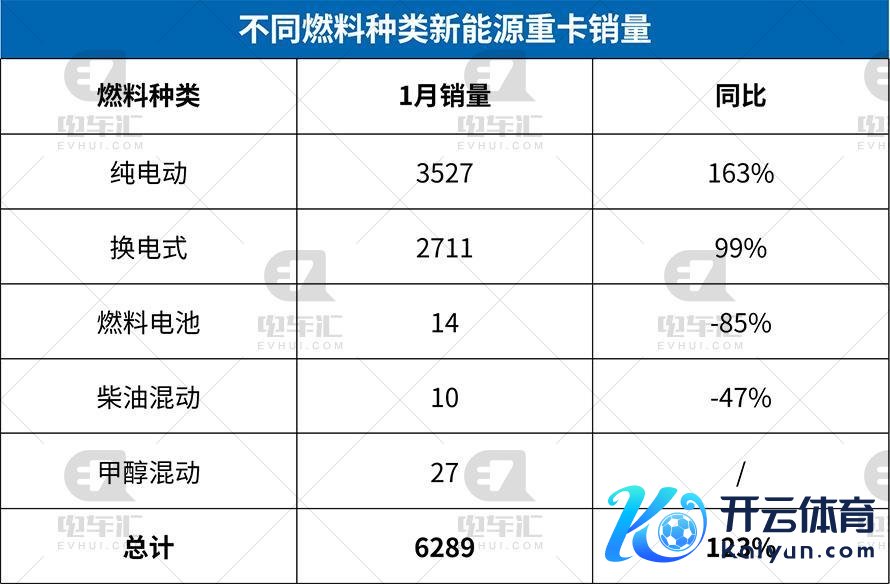 2025年1月不同燃料种类新能源重卡销量